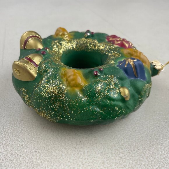 Christmas Wreath Ornament NEW Glass Gold Glitter Bells Holiday 3D Donut Shape - Picture 2 of 3